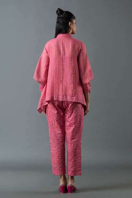 Shop Oja Pink Linen Embroidery Shawl Neck Floral High-low Shirt With Pant at Aza Fashions Shop_Oja_Pink Linen Embroidery Shawl Neck Floral High-low Shirt With Pant _at_Aza_Fashions