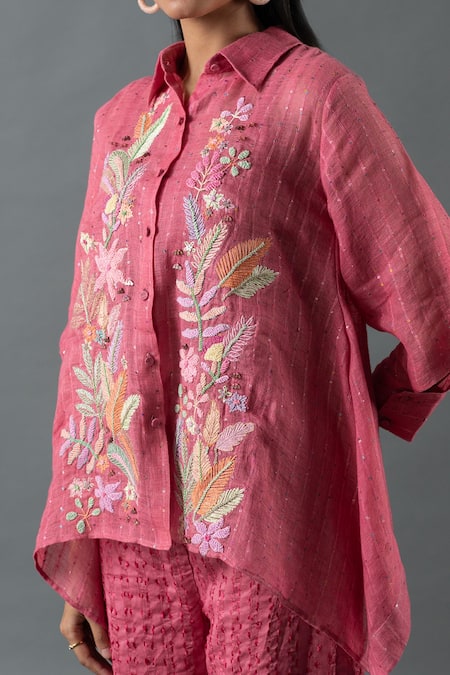 Buy Oja Pink Linen Embroidery Shawl Neck Floral High-low Shirt With Pant Online at Aza Fashions Buy_Oja_Pink Linen Embroidery Shawl Neck Floral High-low Shirt With Pant _Online_at_Aza_Fashions