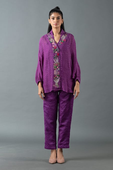 Oja Floral Bead Embroidered Top With Pant 