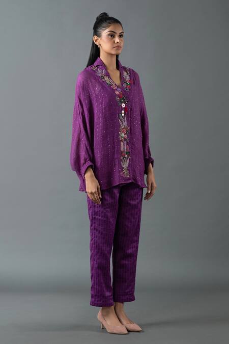 Oja_Purple Shrim Linen Embroidered Thread Shirt Collar Floral Bead Top With Pant _Online_at_Aza_Fashions