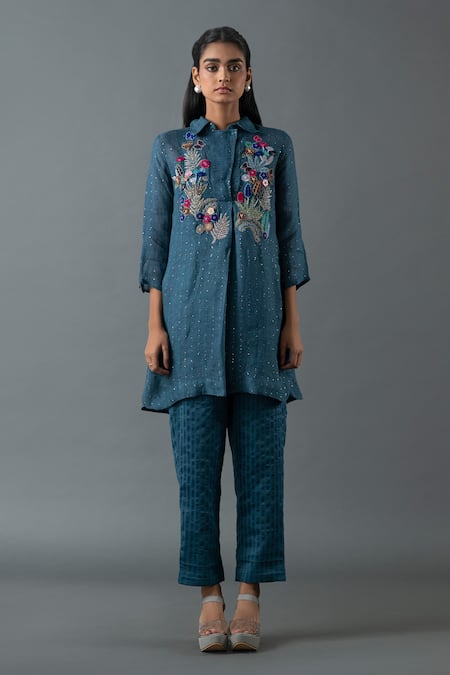 Oja Floral Bead Embroidered Tunic With Pant 