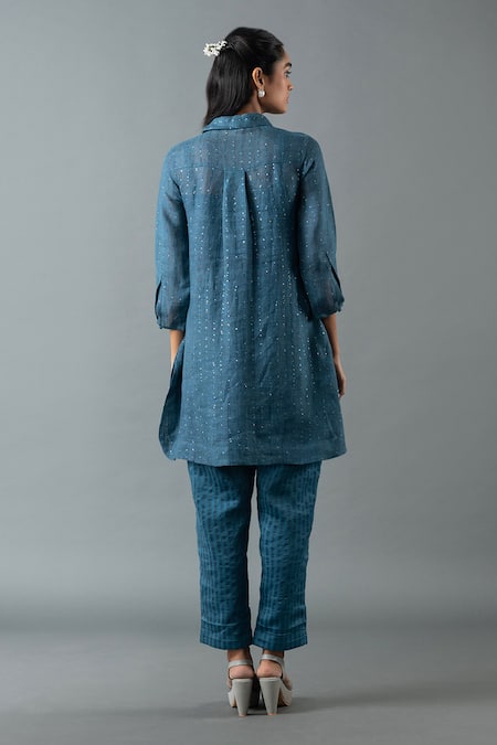 Shop_Oja_Blue Shrim Linen Embroidered Thread Shirt Collar Floral Bead Tunic With Pant _at_Aza_Fashions