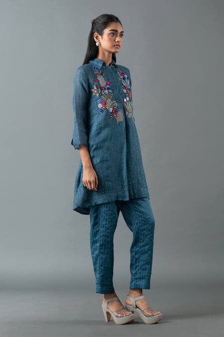 Oja_Blue Shrim Linen Embroidered Thread Shirt Collar Floral Bead Tunic With Pant _Online_at_Aza_Fashions