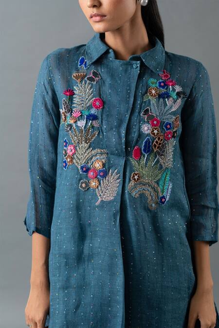 Buy_Oja_Blue Shrim Linen Embroidered Thread Shirt Collar Floral Bead Tunic With Pant _Online_at_Aza_Fashions