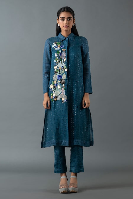 Oja Floral Bead Embroidered Sequined Tunic With Pant 