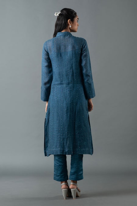 Shop_Oja_Blue Linen Beads, Sequins Collared Floral Embroidered Tunic With Pant _at_Aza_Fashions