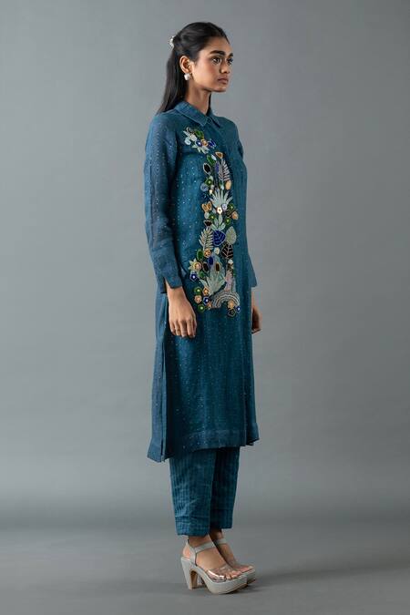 Oja_Blue Linen Beads, Sequins Collared Floral Embroidered Tunic With Pant _Online_at_Aza_Fashions