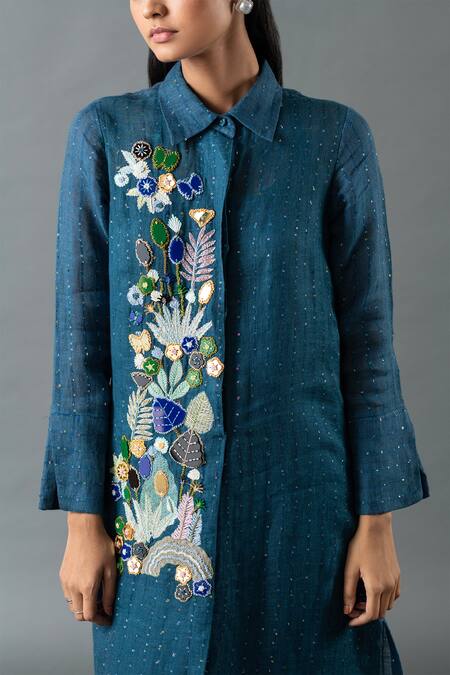 Buy_Oja_Blue Linen Beads, Sequins Collared Floral Embroidered Tunic With Pant _Online_at_Aza_Fashions