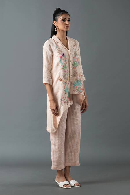 Oja Pink Linen Beads, Sequins Collared Embroidered Asymmetric Shirt Tunic With Pant Online at Aza Fashions Oja_Pink Linen Beads, Sequins Collared Embroidered Asymmetric Shirt Tunic With Pant _Online_at_Aza_Fashions
