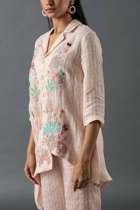 Buy Oja Pink Linen Beads, Sequins Collared Embroidered Asymmetric Shirt Tunic With Pant Online at Aza Fashions Buy_Oja_Pink Linen Beads, Sequins Collared Embroidered Asymmetric Shirt Tunic With Pant _Online_at_Aza_Fashions