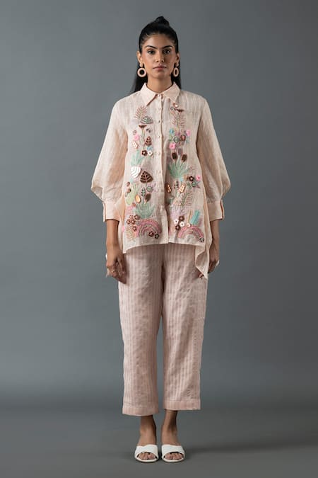 Oja Pink Shrim Linen Embroidered Thread Lapel Bead Asymmetric Shirt With Pant 