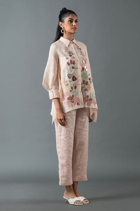 Oja Pink Linen Beads, Sequins Collared Embroidered Asymmetric Shirt With Pant Online at Aza Fashions Oja_Pink Linen Beads, Sequins Collared Embroidered Asymmetric Shirt With Pant _Online_at_Aza_Fashions