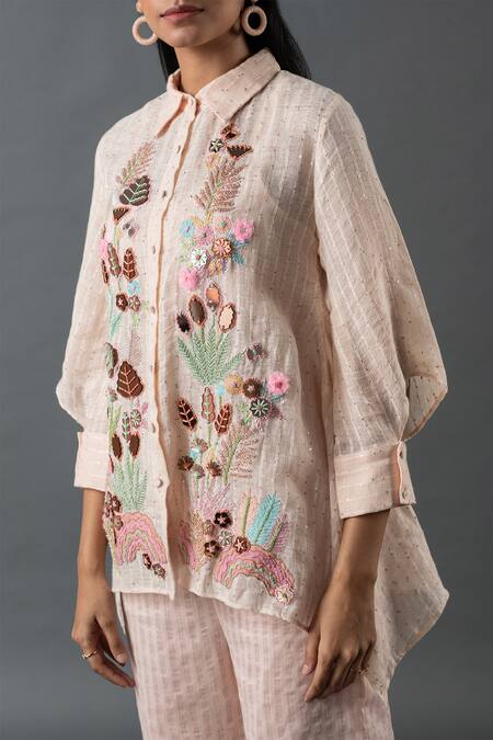 Buy Oja Pink Linen Beads, Sequins Collared Embroidered Asymmetric Shirt With Pant Online at Aza Fashions Buy_Oja_Pink Linen Beads, Sequins Collared Embroidered Asymmetric Shirt With Pant _Online_at_Aza_Fashions