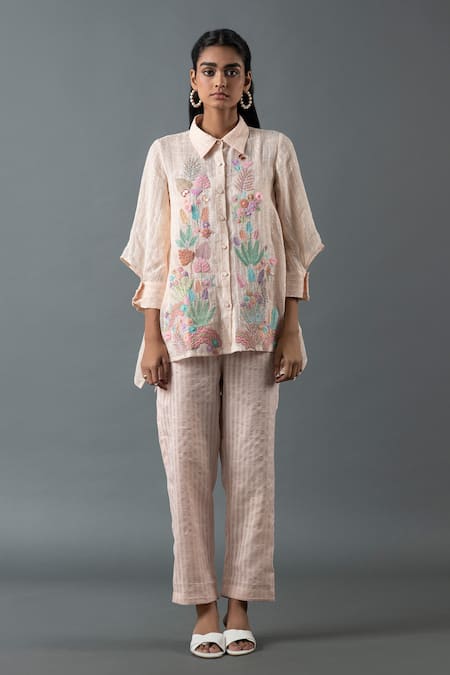 Oja Pink Shrim Linen Embroidered Thread Lapel Collar Asymmetric Shirt With Pant 