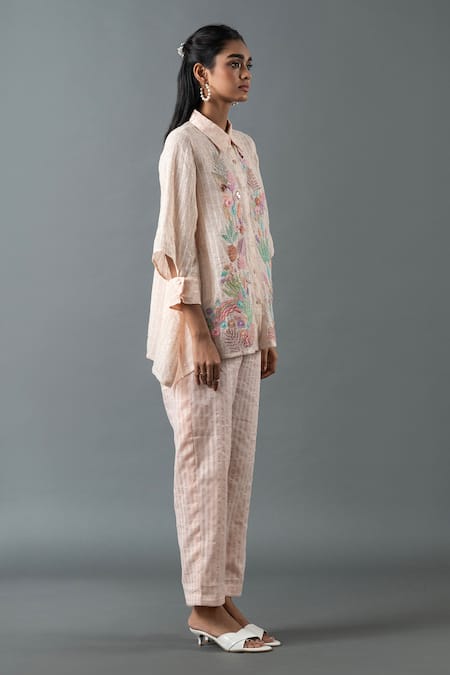 Oja Pink Linen Embroidery Collared Thread Asymmetric Shirt With Pant Online at Aza Fashions Oja_Pink Linen Embroidery Collared Thread Asymmetric Shirt With Pant _Online_at_Aza_Fashions