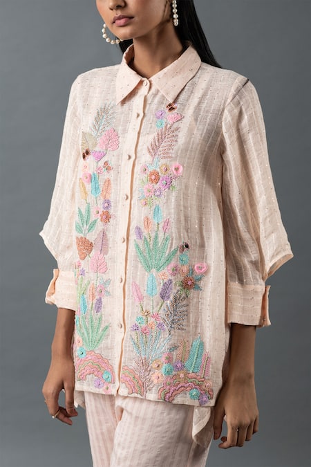 Buy Oja Pink Linen Embroidery Collared Thread Asymmetric Shirt With Pant Online at Aza Fashions Buy_Oja_Pink Linen Embroidery Collared Thread Asymmetric Shirt With Pant _Online_at_Aza_Fashions
