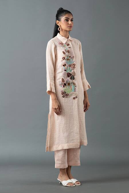 Oja_Pink Linen Beads Collared Thread Embroidered Tunic With Pant _Online_at_Aza_Fashions