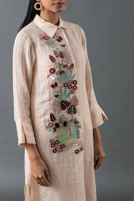 Buy_Oja_Pink Linen Beads Collared Thread Embroidered Tunic With Pant _Online_at_Aza_Fashions