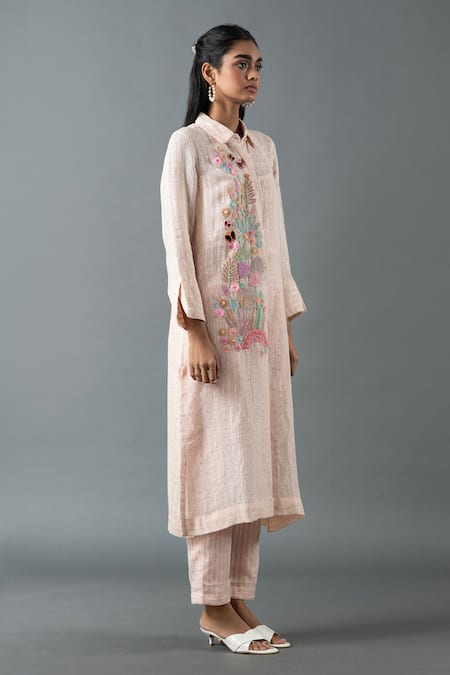 Oja Pink Shrim Linen Embroidered Thread Shirt Collar Floral Tunic With Pant Online at Aza Fashions Oja_Pink Shrim Linen Embroidered Thread Shirt Collar Floral Tunic With Pant _Online_at_Aza_Fashions