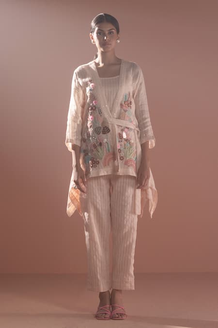 Oja Floral Thread Embroidered Jacket Pant Set 