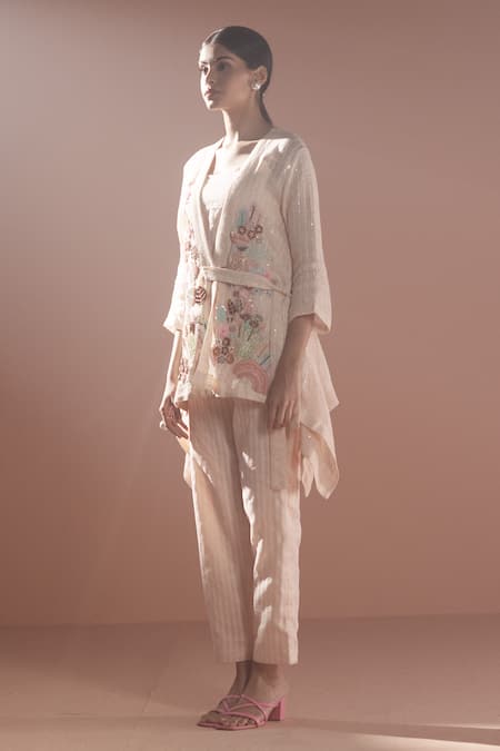 Oja Pink Linen Embroidery, Sequins Open Neck Floral Thread Jacket Pant Set Online at Aza Fashions Oja_Pink Linen Embroidery, Sequins Open Neck Floral Thread Jacket Pant Set _Online_at_Aza_Fashions