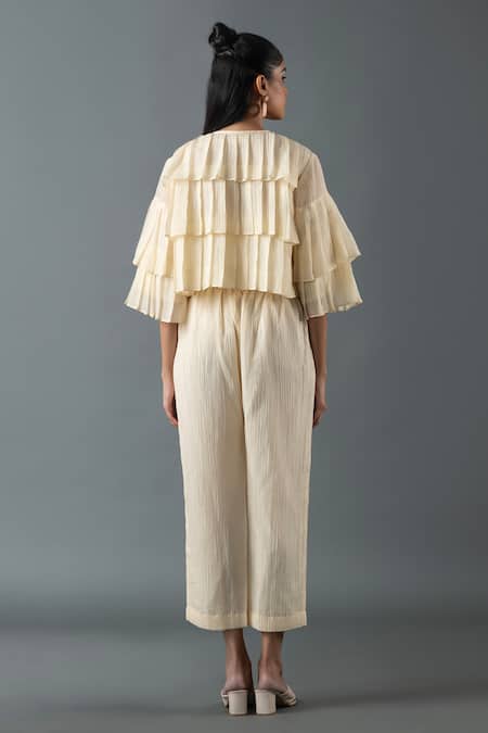 Shop_Oja_Ivory Japanese Quash Embroidered Thread Jacket Round Tiered Ruffle Pant Set _at_Aza_Fashions