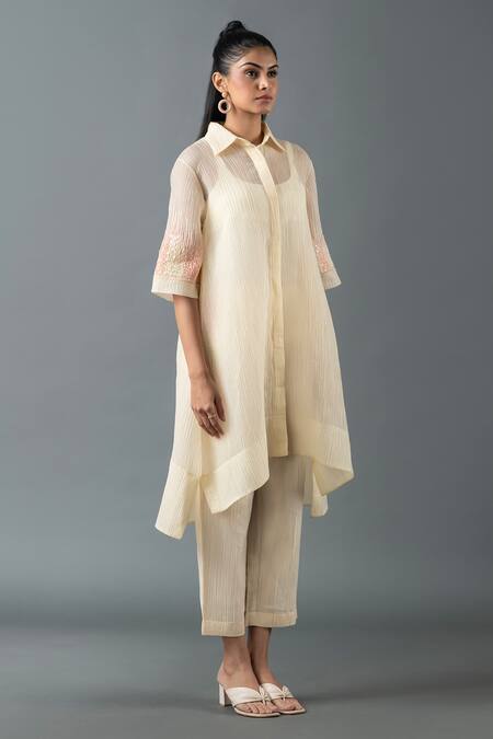 Oja_Ivory Sequins, Embroidery Collared Placement High-low Tunic With Pant _Online_at_Aza_Fashions