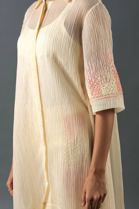 Buy_Oja_Ivory Sequins, Embroidery Collared Placement High-low Tunic With Pant _Online_at_Aza_Fashions