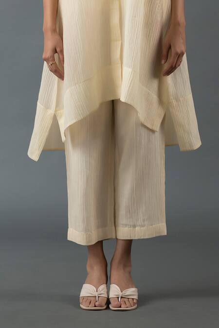 Shop_Oja_Ivory Sequins, Embroidery Collared Placement High-low Tunic With Pant _Online_at_Aza_Fashions