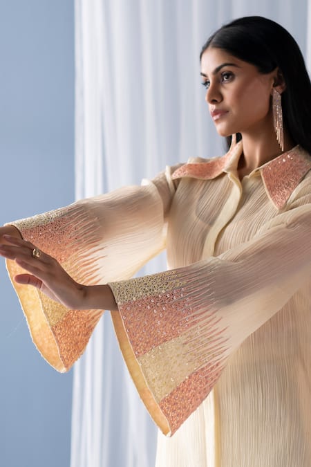 Shop_Oja_Ivory Cotton Sequins, Embroidery Collared Placed High-low Tunic With Pant _Online_at_Aza_Fashions