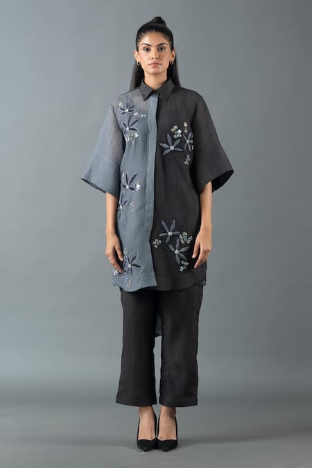 Oja Black Japanese Quash Embroidered Thread Tunic Colour Block High-low With Pant 