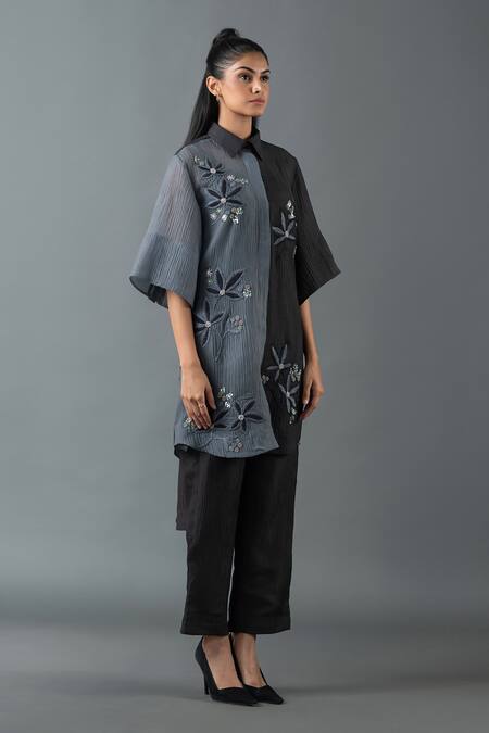 Oja_Black Japanese Quash Embroidered Thread Tunic Colour Block High-low With Pant _Online_at_Aza_Fashions