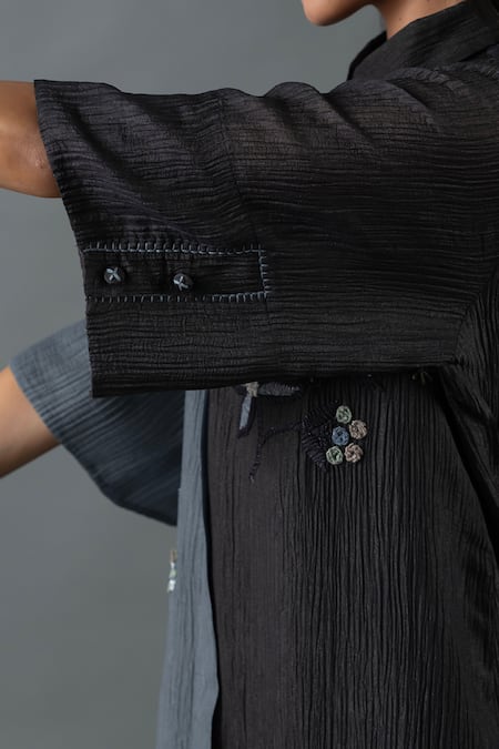 Shop_Oja_Black Japanese Quash Embroidered Thread Tunic Colour Block High-low With Pant _Online_at_Aza_Fashions