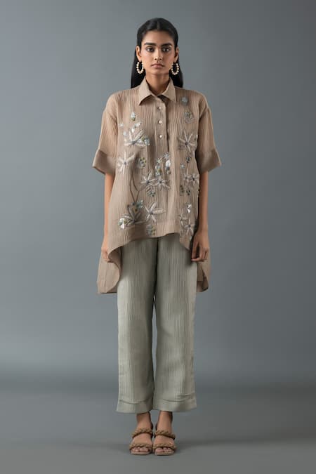 Oja Embroidered Floral High-Low Shirt With Pant 