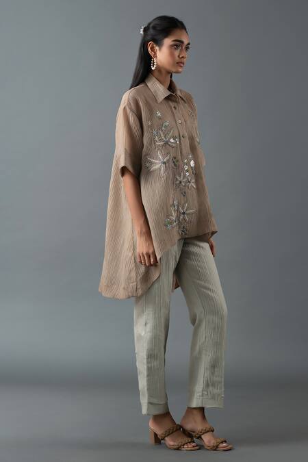 Oja_Brown Cotton Sequins, Embroidery Round Neck, Floral High-low Shirt With Pant _Online_at_Aza_Fashions