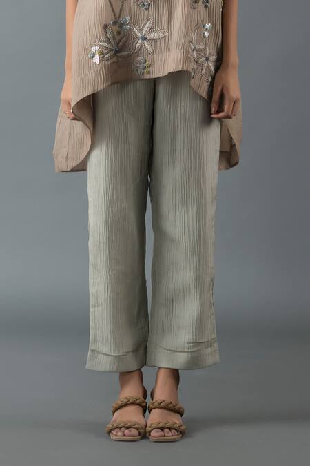 Shop_Oja_Brown Cotton Sequins, Embroidery Round Neck, Floral High-low Shirt With Pant _Online_at_Aza_Fashions