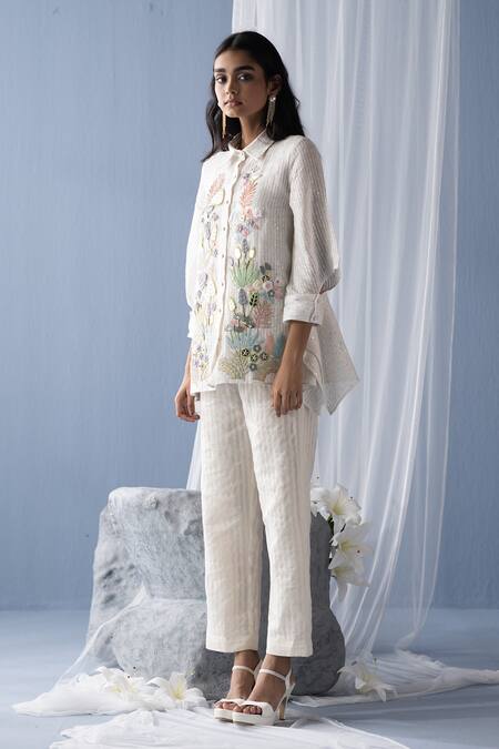 Oja Ivory Linen Sequins Collared Floral Embroidered Draped Shirt And Pant Set Online at Aza Fashions Oja_Ivory Linen Sequins Collared Floral Embroidered Draped Shirt And Pant Set _Online_at_Aza_Fashions