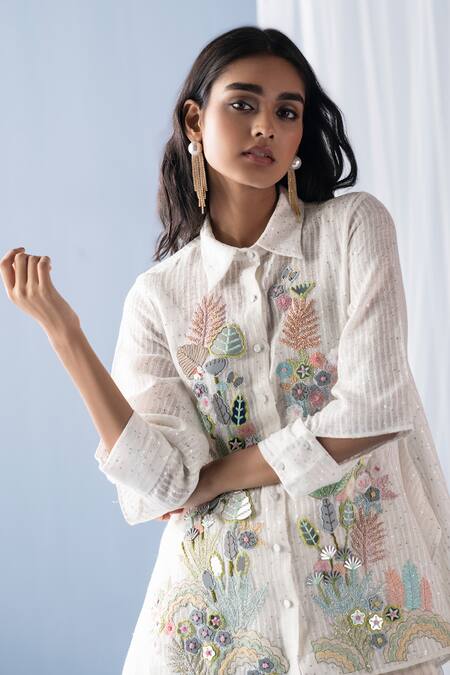 Buy Oja Ivory Linen Sequins Collared Floral Embroidered Draped Shirt And Pant Set Online at Aza Fashions Buy_Oja_Ivory Linen Sequins Collared Floral Embroidered Draped Shirt And Pant Set _Online_at_Aza_Fashions