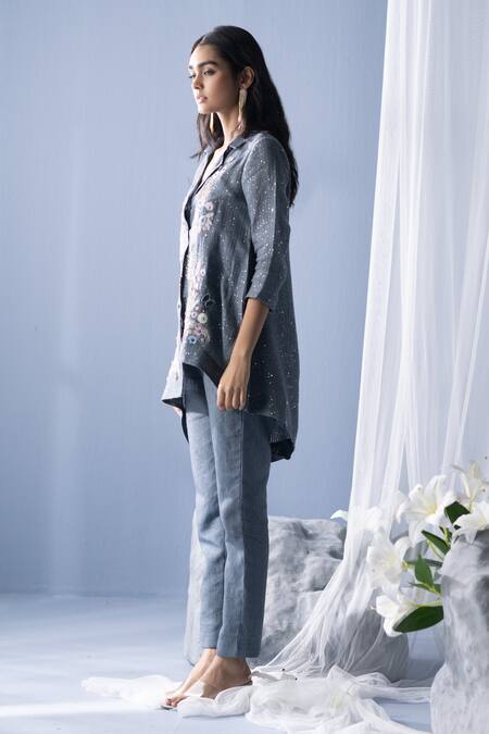 Buy Oja Grey Linen Gota Patti, Embroidery Collared Shirt And Pant Set Online at Aza Fashions Buy_Oja_Grey Linen Gota Patti, Embroidery Collared Shirt And Pant Set _Online_at_Aza_Fashions