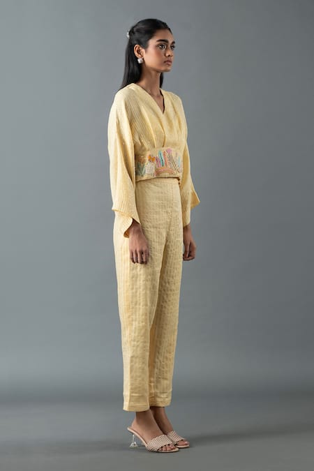 Oja Yellow Linen Sequins, Embroidery V-neck Gota Blouse And Pant Set Online at Aza Fashions Oja_Yellow Linen Sequins, Embroidery V-neck Gota Blouse And Pant Set _Online_at_Aza_Fashions