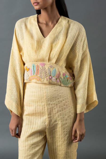 Buy Oja Yellow Linen Sequins, Embroidery V-neck Gota Blouse And Pant Set Online at Aza Fashions Buy_Oja_Yellow Linen Sequins, Embroidery V-neck Gota Blouse And Pant Set _Online_at_Aza_Fashions