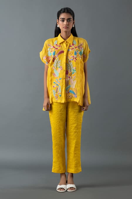 Oja Yellow Shrim Linen Embroidery Thread Collar Floral Shirt And Pant Set 