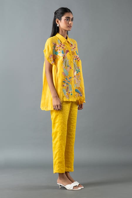 Oja Yellow Linen Sequins, Beads, Embroidery Collared Floral Thread Shirt And Pant Set Online at Aza Fashions Oja_Yellow Linen Sequins, Beads, Embroidery Collared Floral Thread Shirt And Pant Set _Online_at_Aza_Fashions