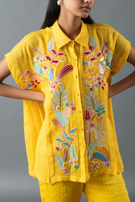Buy Oja Yellow Linen Sequins, Beads, Embroidery Collared Floral Thread Shirt And Pant Set Online at Aza Fashions Buy_Oja_Yellow Linen Sequins, Beads, Embroidery Collared Floral Thread Shirt And Pant Set _Online_at_Aza_Fashions