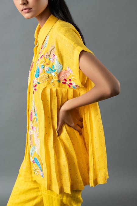 Shop Oja Yellow Linen Sequins, Beads, Embroidery Collared Floral Thread Shirt And Pant Set Online at Aza Fashions Shop_Oja_Yellow Linen Sequins, Beads, Embroidery Collared Floral Thread Shirt And Pant Set _Online_at_Aza_Fashions