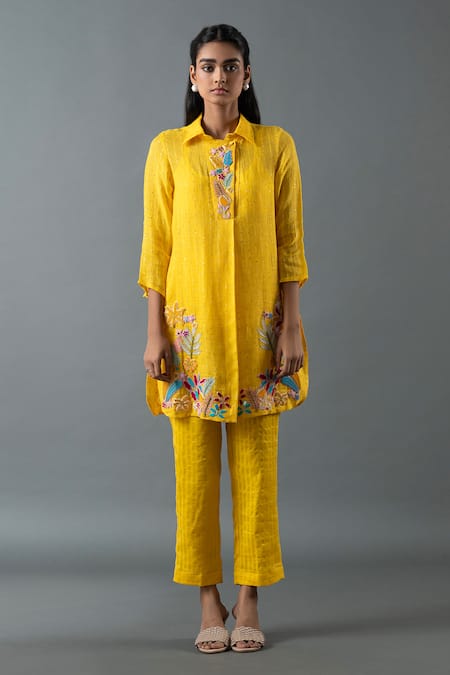 Oja Yellow Shrim Linen Embroidery Thread Collar Floral Shirt Tunic And Pant Set 