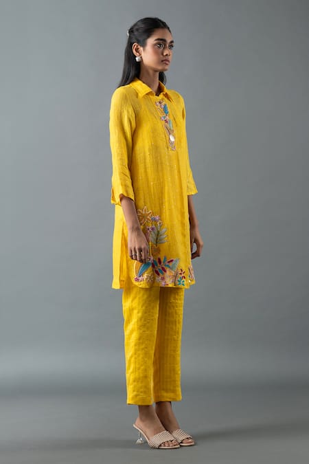 Oja_Yellow Linen Sequins, Beads, Embroidery Collared Floral Shirt Tunic And Pant Set _Online_at_Aza_Fashions