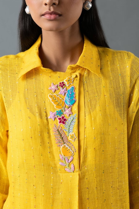 Buy_Oja_Yellow Linen Sequins, Beads, Embroidery Collared Floral Shirt Tunic And Pant Set _Online_at_Aza_Fashions