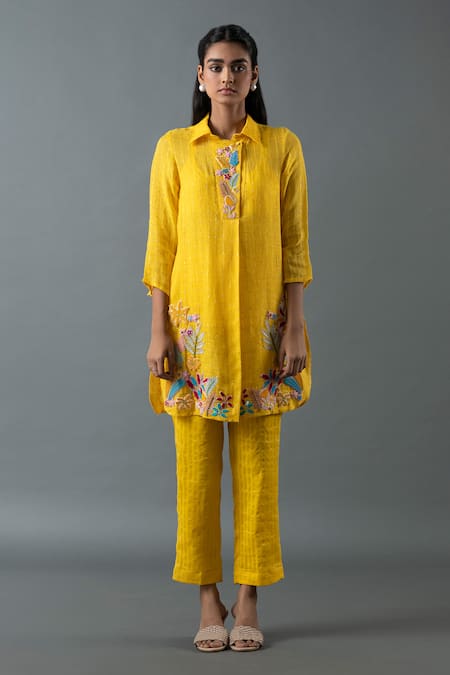 Shop_Oja_Yellow Linen Sequins, Beads, Embroidery Collared Floral Shirt Tunic And Pant Set _Online_at_Aza_Fashions
