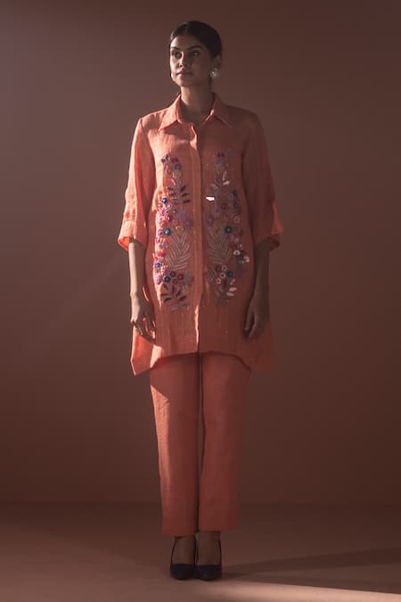 Oja Orange Shrim Linen Embroidery Mirror Collar Shirt Tunic And Pant Set 